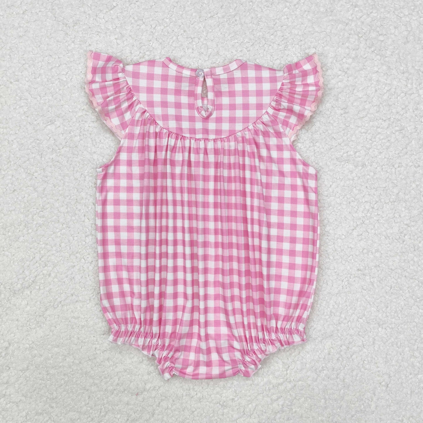 SR2215 Baby girls Easter pink bunny plaid flying sleeve romper embroidery