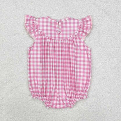 SR2215 Baby girls Easter pink bunny plaid flying sleeve romper embroidery