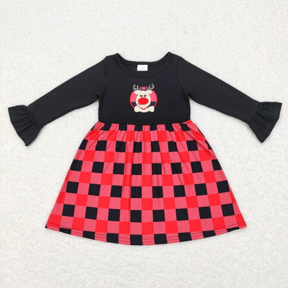 Matching Baby girls Christmas deer red black checkered clothing embroidery
