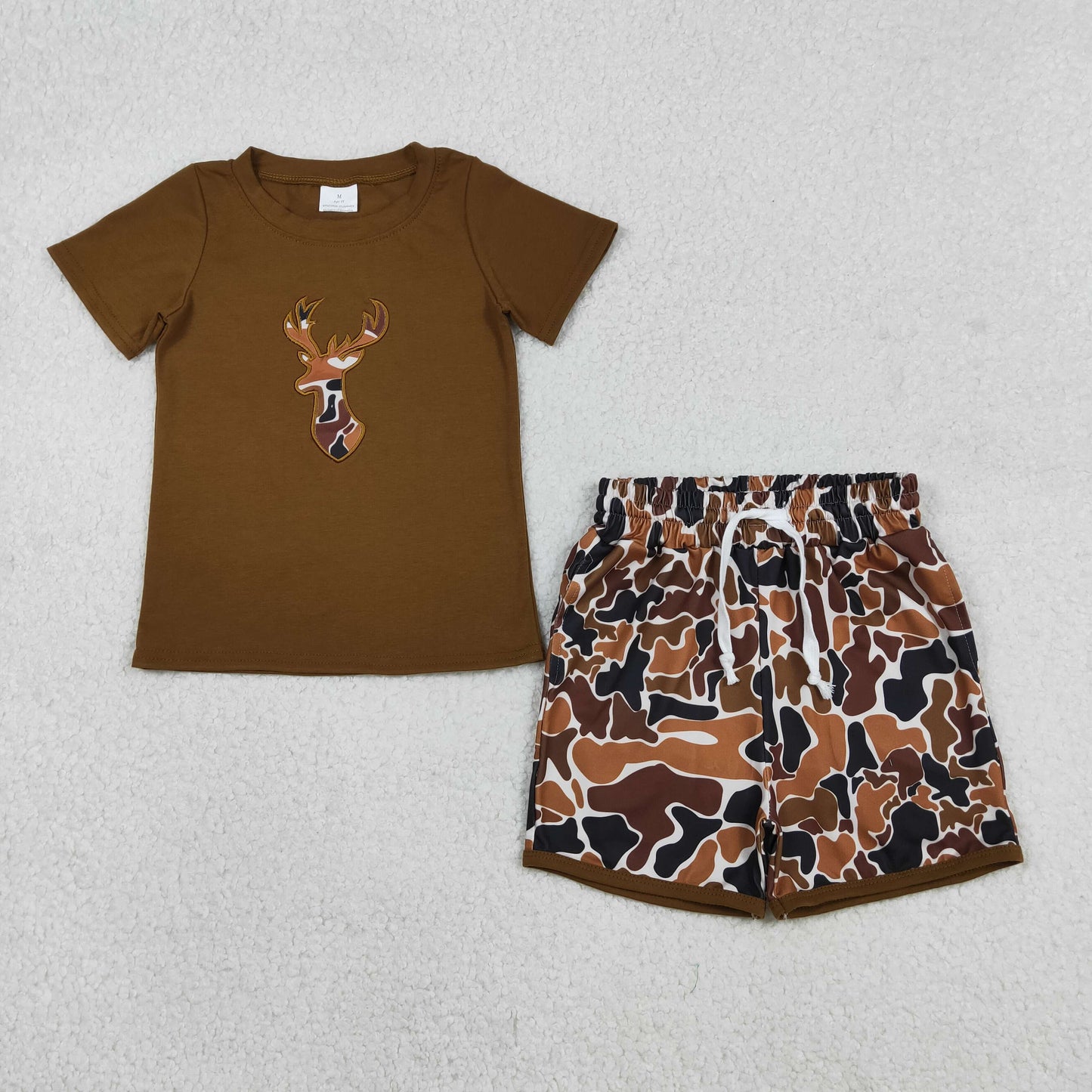 BSSO1575 Boys brown deer short sleeve camo shorts outfits embroidery