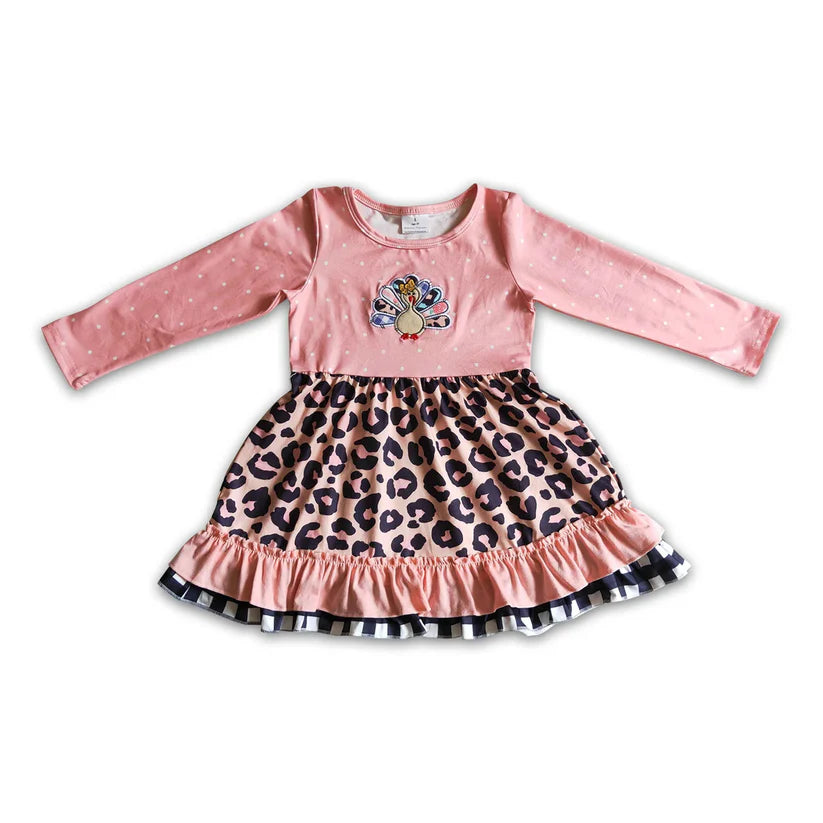 Matching Baby girls pink Thanksgiving turkey leopard outfits embroidery clothing