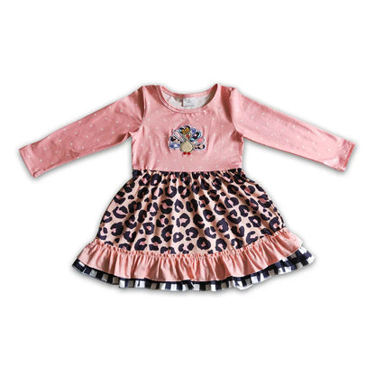 Matching Baby girls pink Thanksgiving turkey leopard outfits embroidery clothing