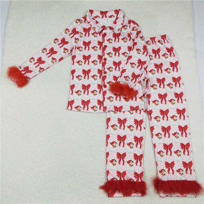 Family Matching Adult Baby girls Santa bow red furry clothing pajamas
