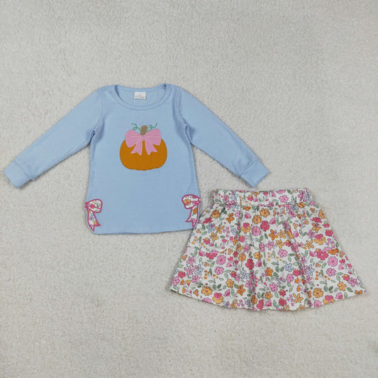 GLD1172 girls pumpkin bow blue long sleeve flower skirt outfits  embroidery