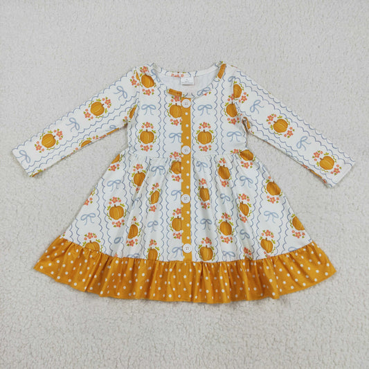 GLD1111 girls long sleeve pumpkin orange floral Dress