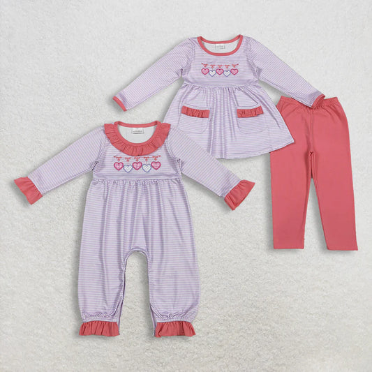 Matching Baby girls valentine love purple stripe outfits long sleeves embroidery