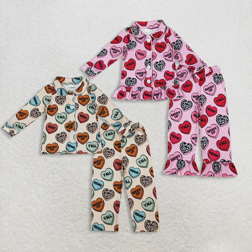 Matching Baby girls boys valentine love button long sleeve  pajamas clothing