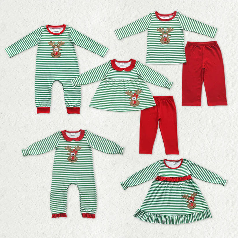 Matching Baby girls boys Christmas deer green stripe romper outfits long sleeves embroidery
