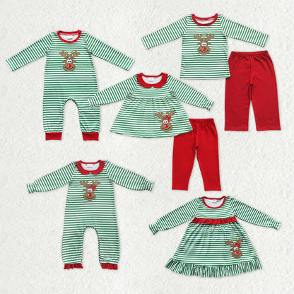 Matching Baby girls boys Christmas deer green stripe romper outfits long sleeves embroidery