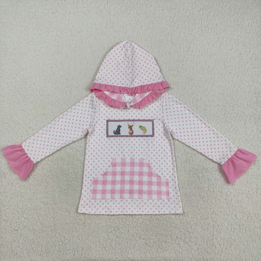 GT1106 baby girls deer puppy checkered pink hoodies top  embroidery