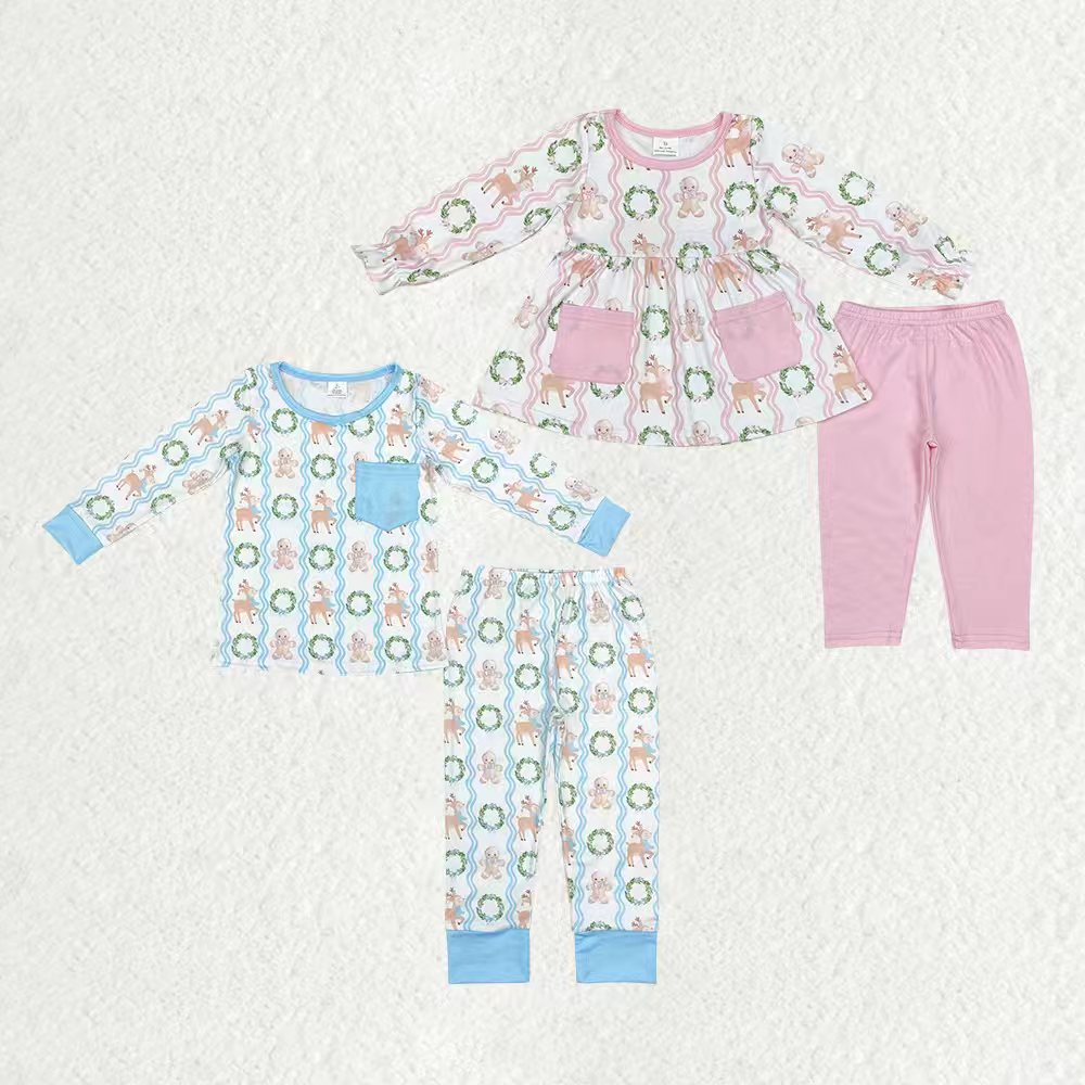 Matching Baby girls boys Christmas pink blue Gingerbread pajamas Modal outfits