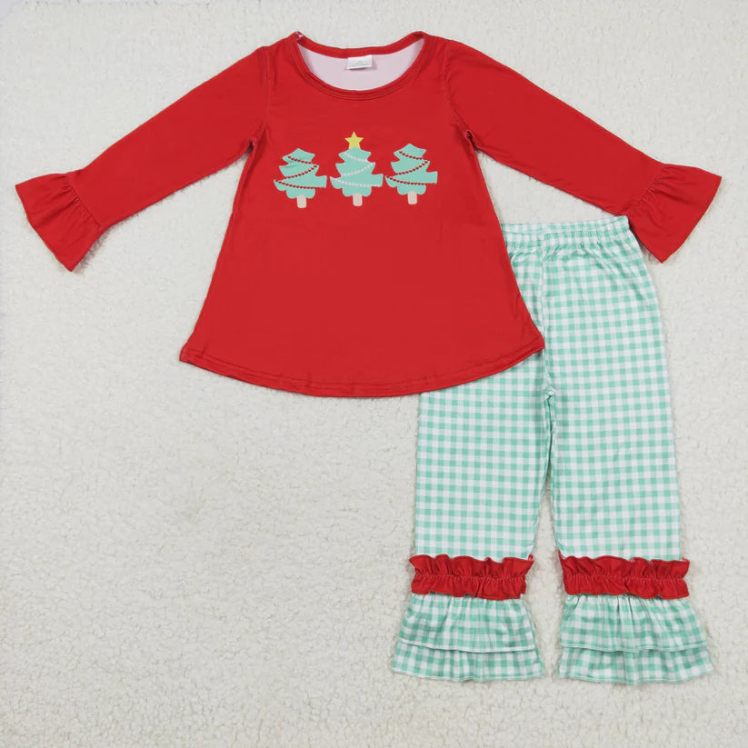 Matching Baby boys Christmas tree romper outfits red long sleeves green checkered