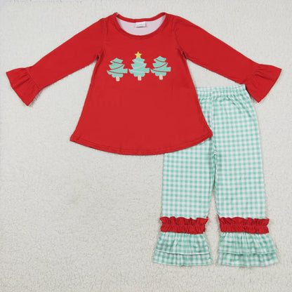 Matching Baby boys Christmas tree romper outfits red long sleeves green checkered