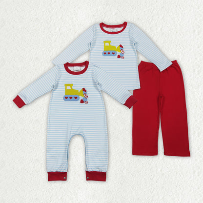 Matching Baby boys Valentine's stripe romper outfits long sleeves embroidery
