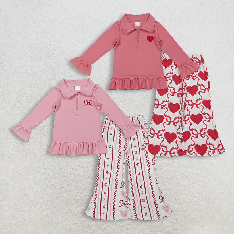 Matching Girls Valentine's long-sleeved long sleeve zipper outfits embroidery