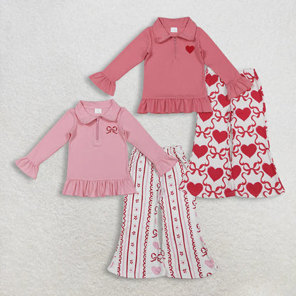 Matching Girls Valentine's long-sleeved long sleeve zipper outfits embroidery