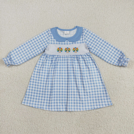 GLD1070 baby girls Thanksgiving Turkey blue checkered dress  embroidery