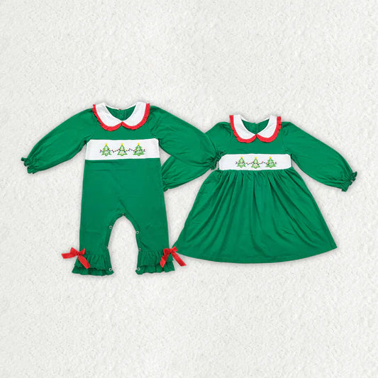 Matching Baby girls Christmas green long sleeve tree dress romper clothing smocked