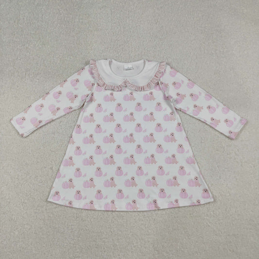 GLD1157 girls  pink long sleeve puppy pumpkin floral collar Dress