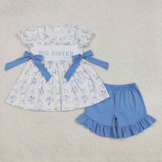 GSSO1875 girls BIG SISTER bow blue puff sleeve outfits