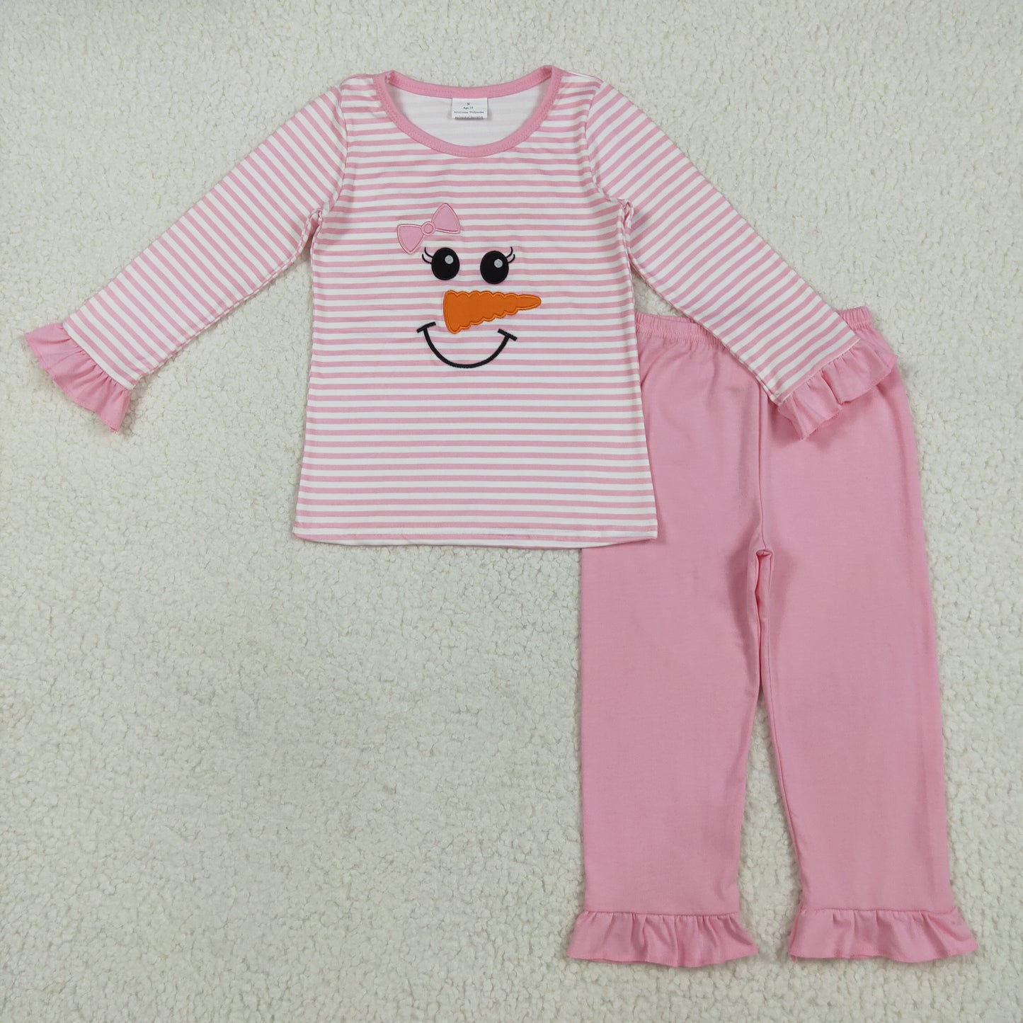 GLP2520 Baby girls Christmas snowman bow pink stripe outfits embroidery