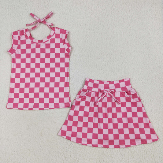 GSD2584 girls sleeveless rose checkered skrit outfits
