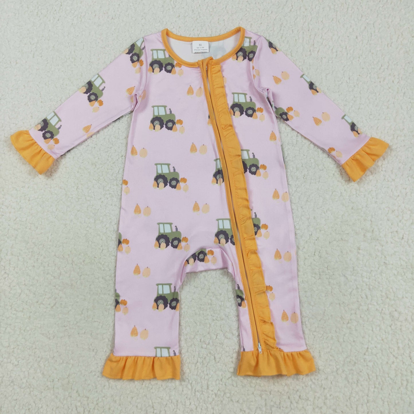 LR2336 Baby girls tractor green orange floral zipper long sleeve romper