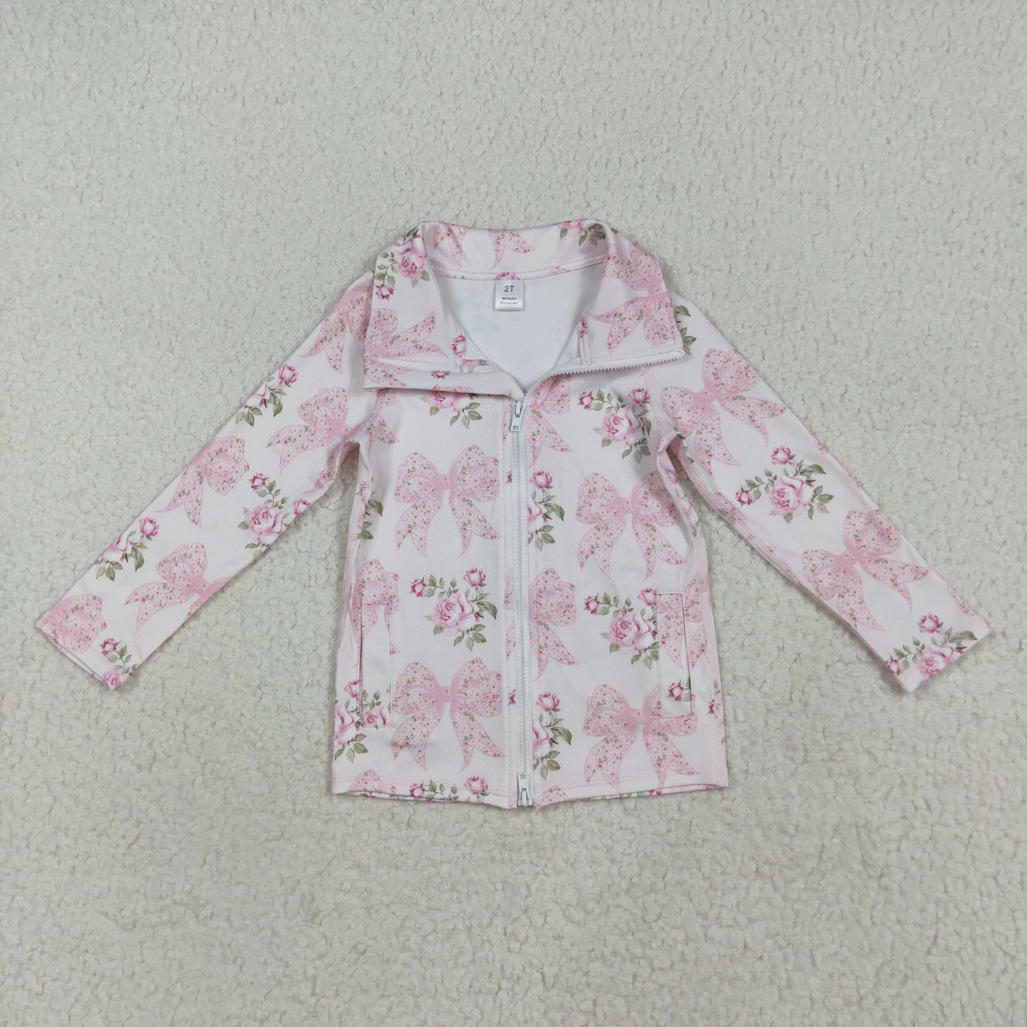 GT1075 baby girls pink flower bow zipper long sleeve top yoga