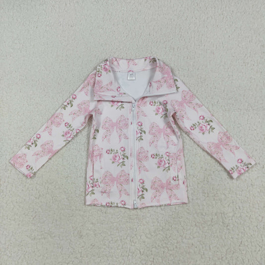 GT1075 baby girls pink flower bow zipper long sleeve top yoga