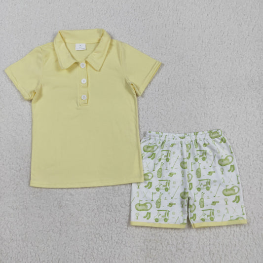BSSO1546 Boys yellow short sleeve button green golf shorts outfits