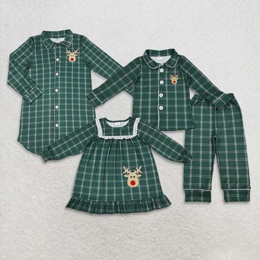 Family Matching Adult Baby girls Christmas deerr green checkered suit & dress embroidery
