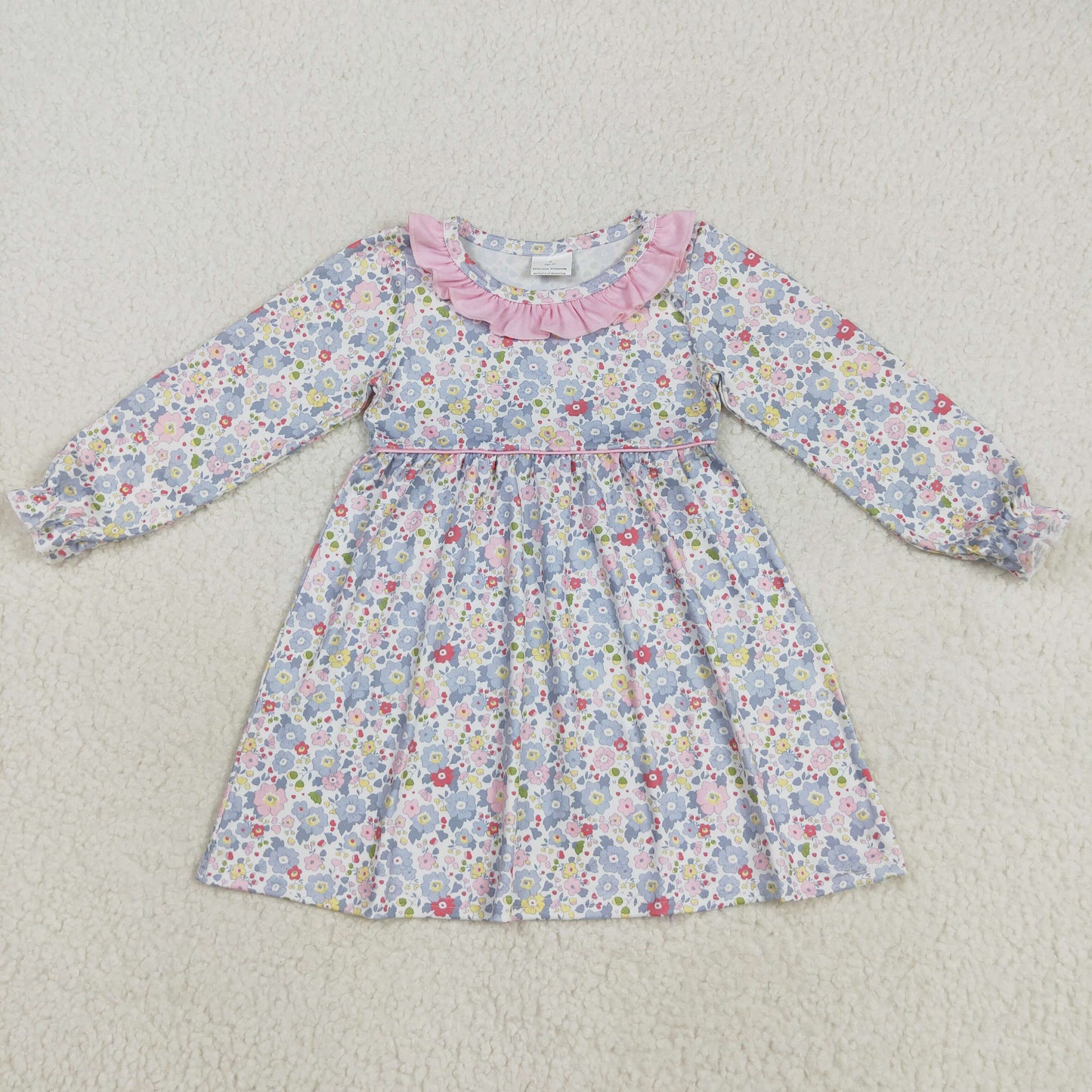 GLD1120  girls flower pink collar long sleeve Dress