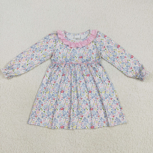 GLD1120  girls flower pink collar long sleeve Dress