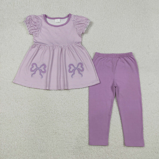 GSPO2153 girls purple bow stripe puff sleeves outfits embroidery