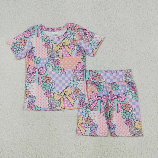 GSSO2509 baby girls short sleeve colorful flower bow flower shorts outfits