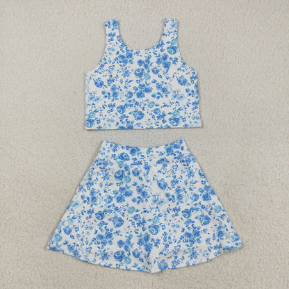 GSD2787  girls blue flower skirt outfits yoga