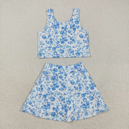 GSD2787  girls blue flower skirt outfits yoga