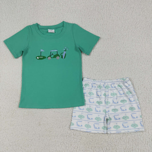 BSSO1540 Boys green short sleeve golf shorts outfits embroidery