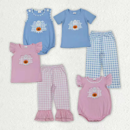 Matching Baby girls boys Halloween ghost pink blue outfits romper clothing embroidery