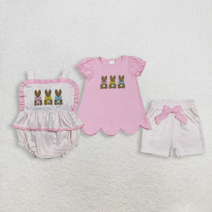 Matching Baby girls Easter bunny pink romper outfits embroidery