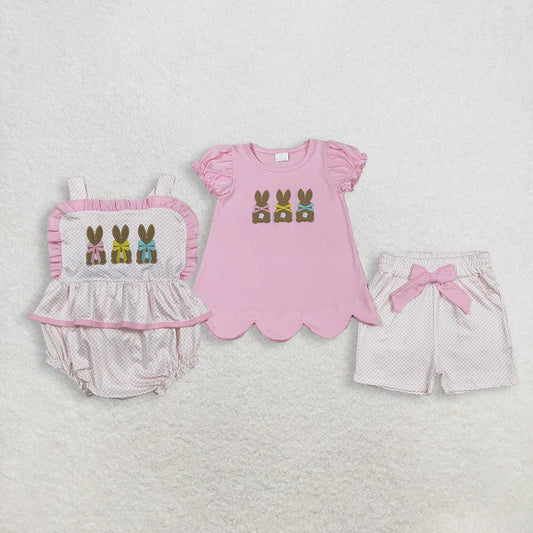 Matching Baby girls Easter bunny pink romper outfits embroidery