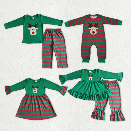 Matching Baby girls boys Christmas deer stripe clothing embroidery