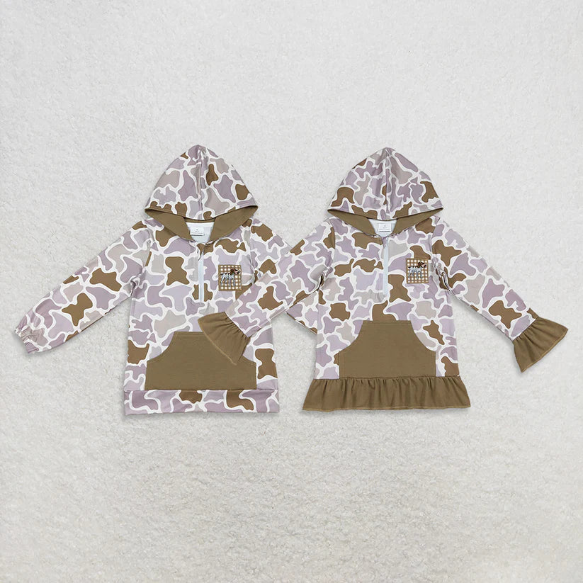 Matching Baby boys girls  zip-up long-sleeved camo top pullover hooded  embroidery