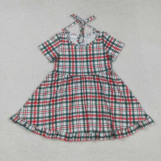 GSD2613 girls short sleeve red green stripe floral Dress