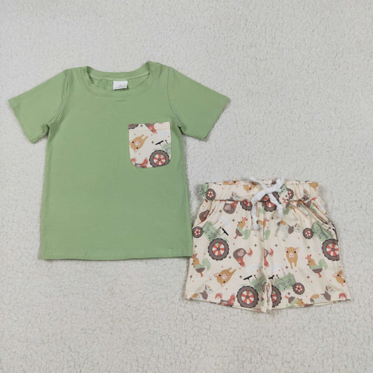 BSSO1460 Boy green short sleeve pocket form shorts outfits