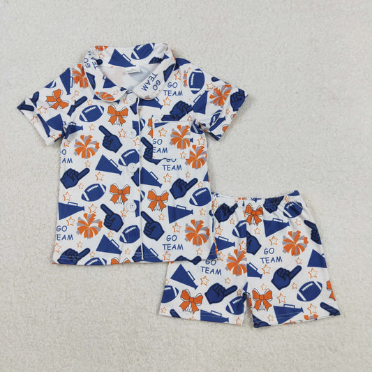 GSSO2675 baby girls orange navy short sleeve shorts GO TEAM cheer pajamas
