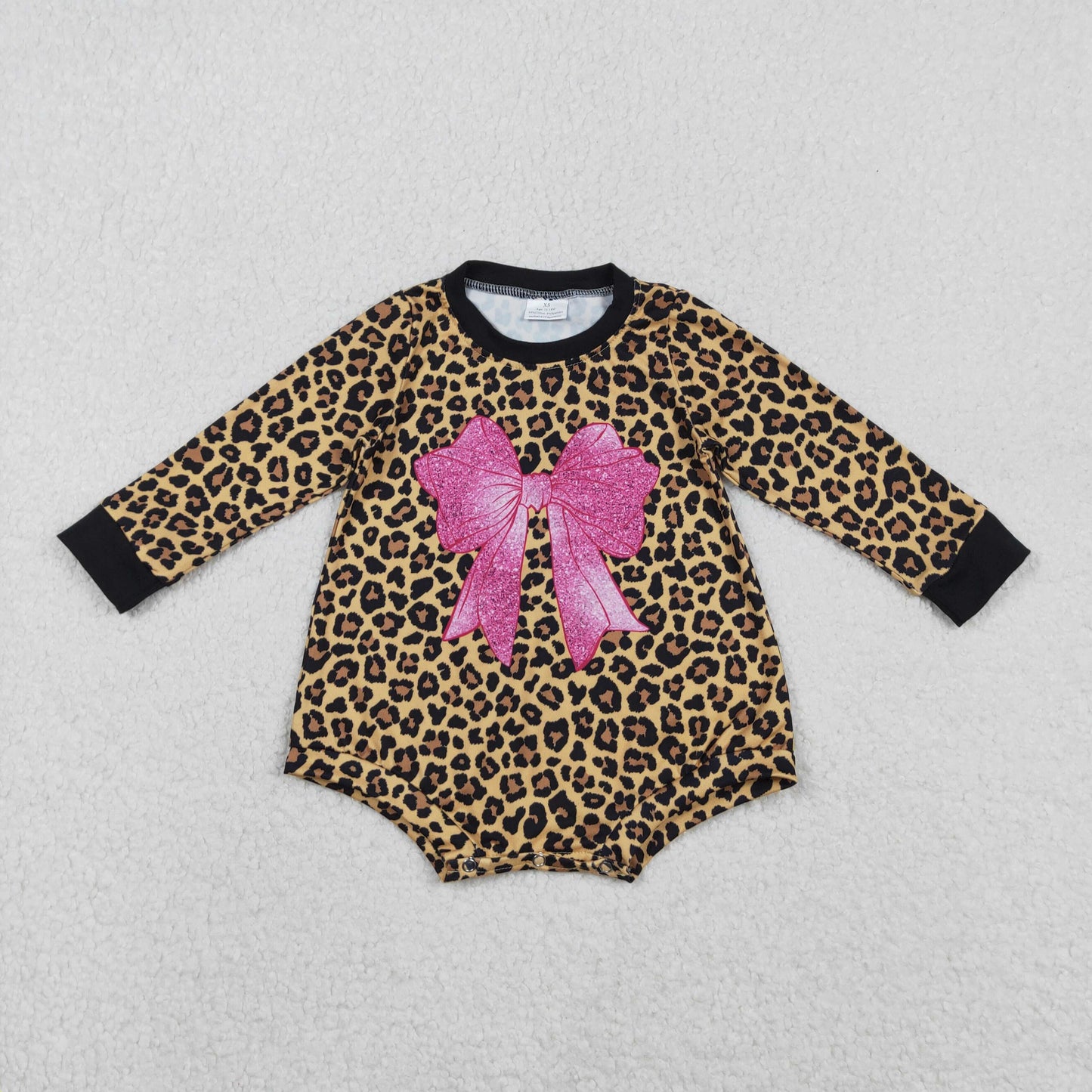 LR2775 baby girls pink bow leopard long sleeves romper