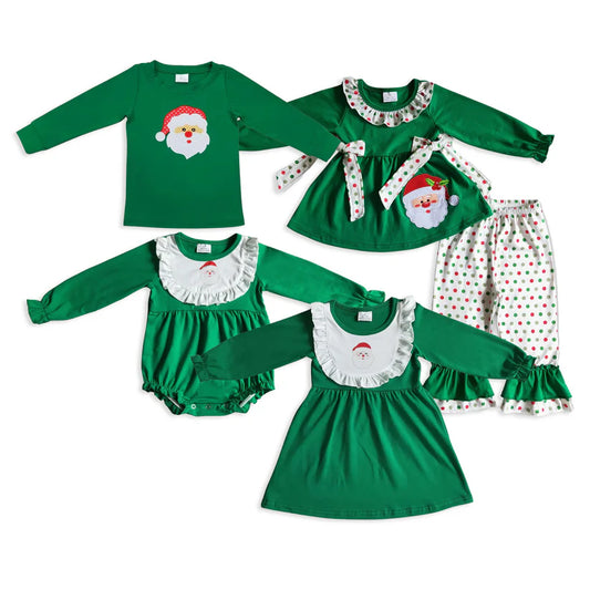 Matching Baby girls boys Christmas Santa green dress romper outfits long sleeves embroidery