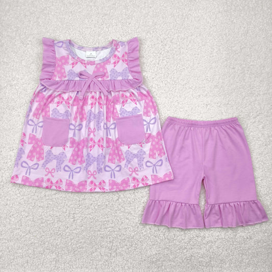 GSSO2462 baby girls floral sleeveless bow purple pocket outfits