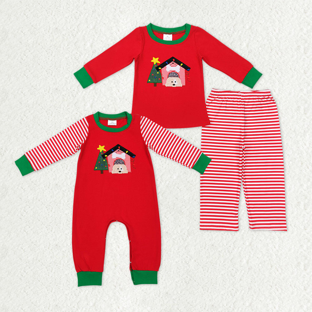 Matching Baby boys Christmas stripe romper outfits red long sleeves embroidery